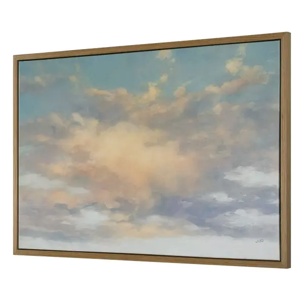A large-scale canvas depicting a luminous sky scene, framed in light walnut veneer. Statement piece for living spaces and offices seeking warmth and color.