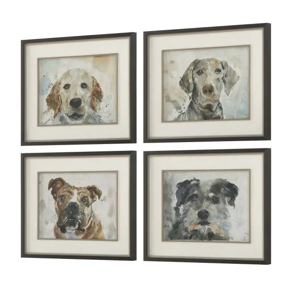 A set of four expressive canine watercolor prints with textured mats and black frames — an easy way to add warmth and personality to any wall.