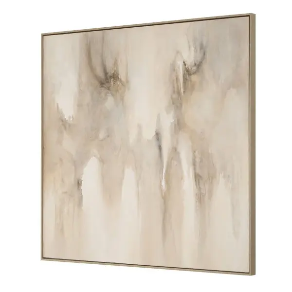 A large-scale abstract piece in warm neutral tones, framed in gray washed wood. Handcrafted texture brings a calm, natural aesthetic to any wall.