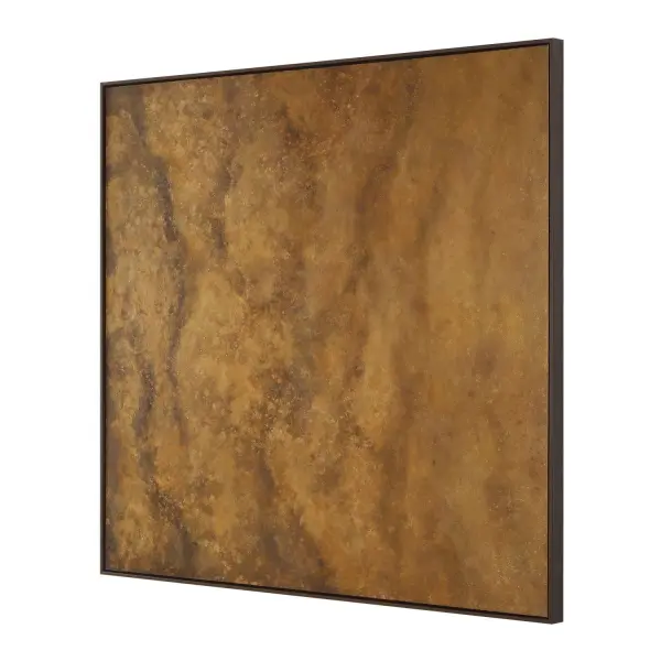 This hand-painted canvas in deep bronze and golden ochre tones offers handcrafted character in a rustic dark wood frame, versatile for horizontal or vertical hanging.