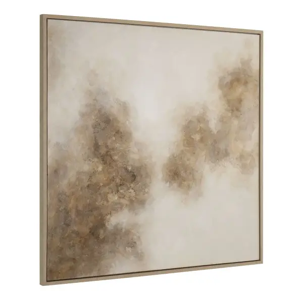 A large hand-painted canvas in soft neutral tones evoking drifting smoke, framed in natural pine. Versatile hanging orientation adds flexibility for styling.