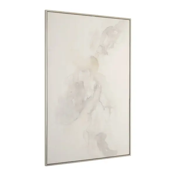 A large handcrafted abstract canvas in muted beige and gray tones, framed in champagne finish for a soft, contemporary statement piece.