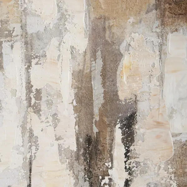 A large, heavily textured hand-painted canvas in earthy browns and charcoal, framed in gray washed wood. Versatile orientation adds sculptural interest to any wall.