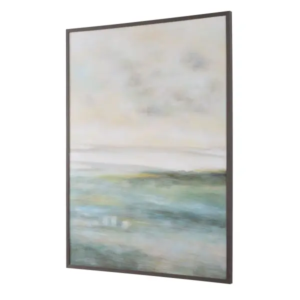 A soft, hand-painted canvas landscape in blue, green, and yellow tones, framed in a slim dark walnut border for a calming, artisanal focal point.