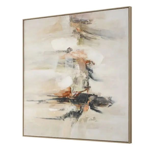 A vibrant hand-painted canvas piece with earthy tones and a slim natural pine frame, versatile enough to hang horizontal or vertical.