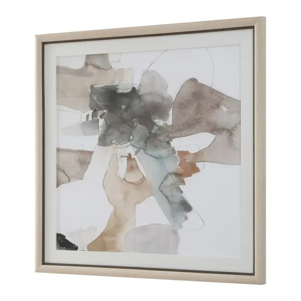 A calming abstract wall art piece with watercolor-like tones in pale brown, orange, and blue, framed in light pine with a protective glass cover. Can hang horizontal or vertical.