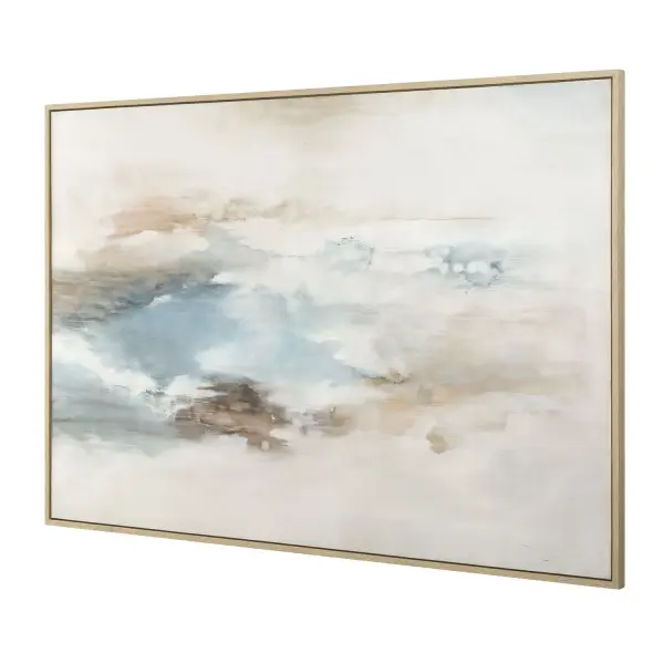A large hand-painted abstract canvas in muted blues, grays, and neutrals, framed in natural pine. Versatile hanging orientation adds flexibility for living spaces.