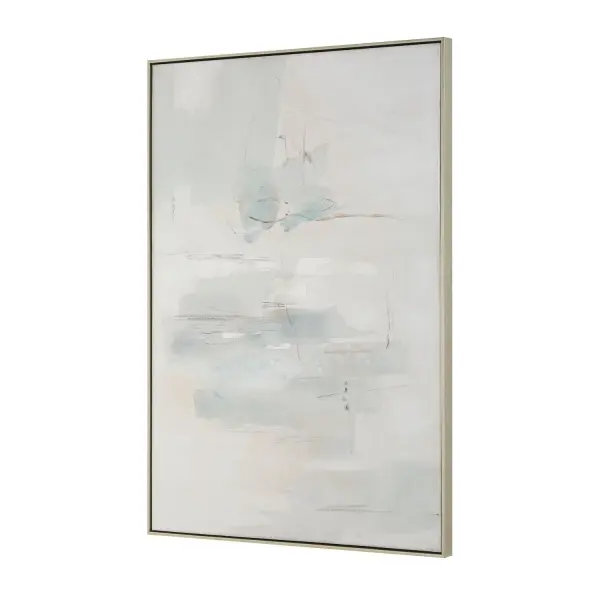 A large-scale hand-painted abstract with muted gray, sand, and blue tones framed in a champagne silver finish. Versatile hanging orientation adds flexibility for varied wall spaces.