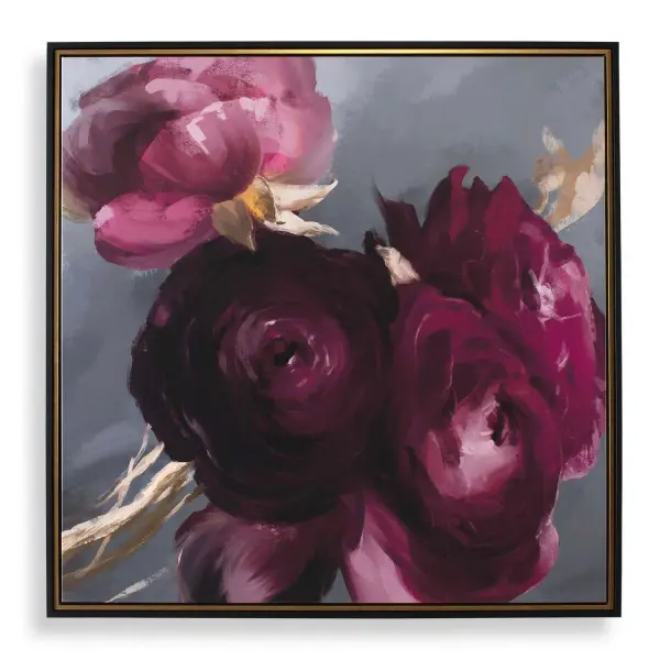 Lush, Ranunculus Blooms Take Center Stage In This Canvas. The Velvety Petals In Deep Plum With Hints Of Pink Rest Against A Soft, Smoky Gray Backdrop While Accents Of Pale Gold And Green Add Depth And Dimension To The Floral Composition. A Refined Double Gallery Frame, Featuring A Striking Black And Gold Finish, Encases The Artwork. Each Canvas Is Proudly Handcrafted And Printed In The USA. Artwork By Danhui Nai. Collection: Plum Ranculus Finish: Gold Width: 50.70" Height: 50.70" Length: 2.00" Weight: 17.00 lb Extension from Wall: 2.00" Material: Solid Wood, Canvas, Hot Stamp Foil Country of Origin: USA Safety Rating: Indoor Only