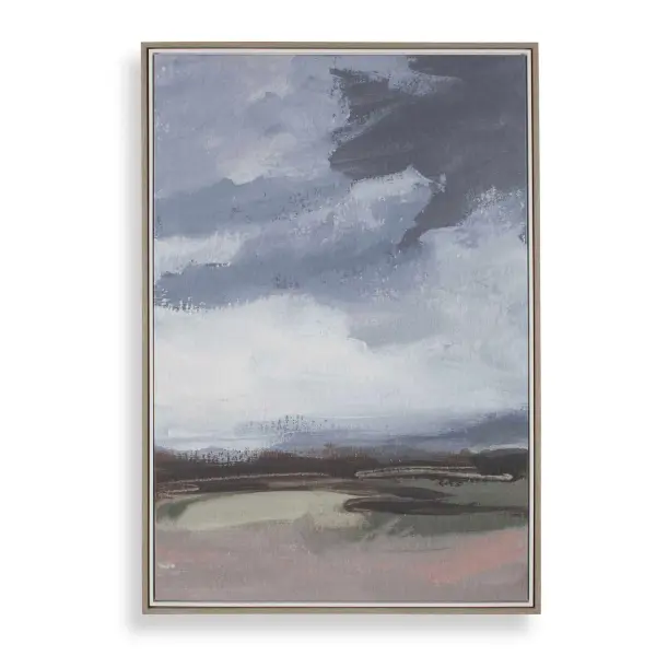 A large-scale turbulent sky canvas in white, gray, and muted earth tones, framed in a double gallery gray-washed wood frame. Handcrafted and printed in the USA.