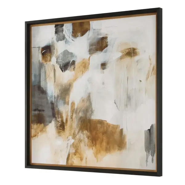 A large-scale abstract print blending warm browns and cool grays, framed in black with a bronze liner. Versatile hanging orientation adds flexibility for various wall spaces.