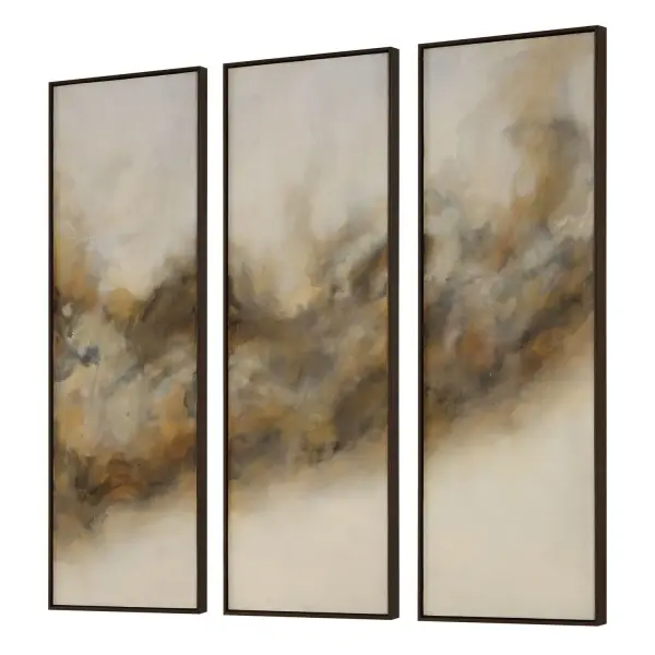 A striking abstract canvas piece with swirling warm yellows, oranges, and grays, framed in a rich walnut finish. Versatile hanging orientation adds flexibility.