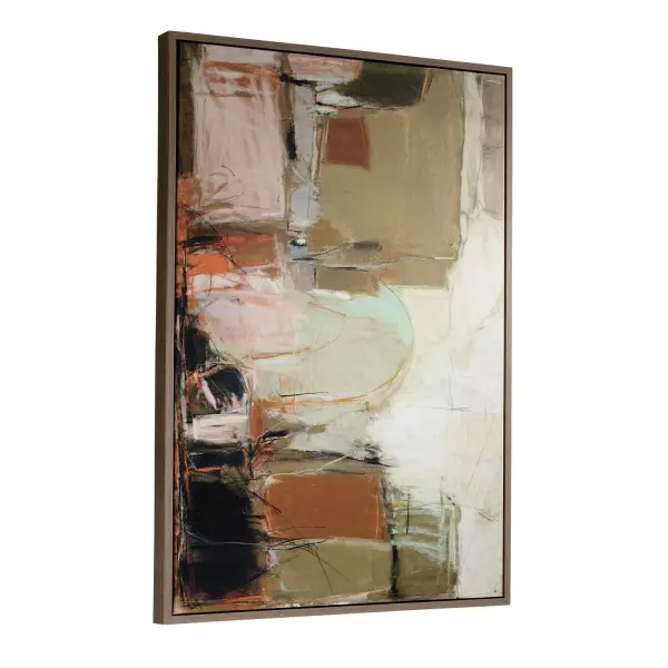 A large geometric-organic abstract print in earthy tones with pops of blue and orange, framed in light oak. Handcrafted and printed in the USA for versatile horizontal or vertical hanging.