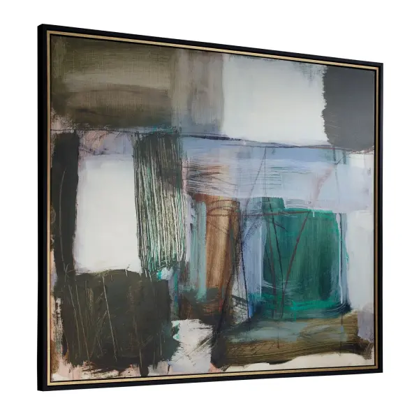 Hand-layered brushstrokes in earthy and cool tones create movement in this large canvas, framed in a striking black and gold double gallery frame. Handcrafted and printed in the USA.