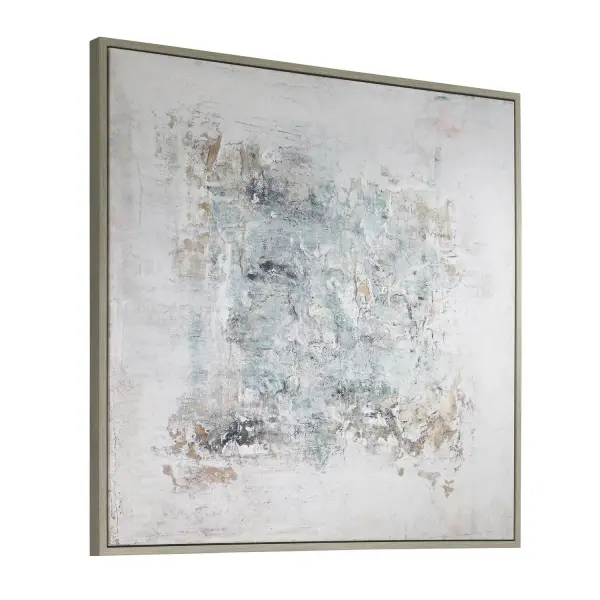 This oversized abstract canvas offers a soothing blue-gray-brown palette in a washed wood frame, versatile enough to hang horizontally or vertically for flexible placement.