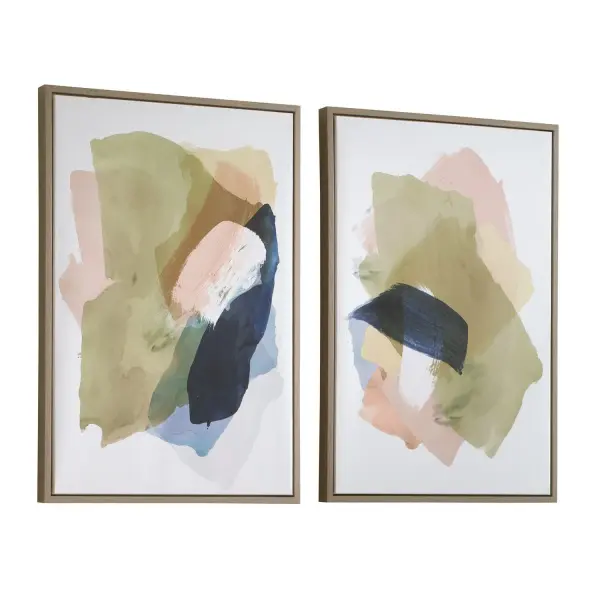 A USA-made abstract canvas featuring blue, olive, and salmon brushstrokes in a light oak frame. Versatile hanging orientation adds flexibility for various wall spaces.