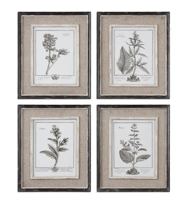 A black-and-white botanical print set in a distressed black and gray frame with burlap matting. Compact size suits small wall groupings.