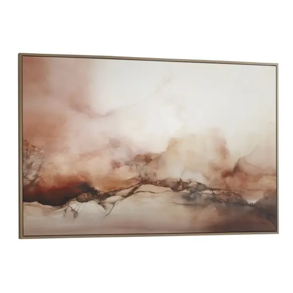 A large-format canvas print in muted browns, reds, and blush tones, framed in a light oak gallery frame. Handcrafted and printed in the USA.