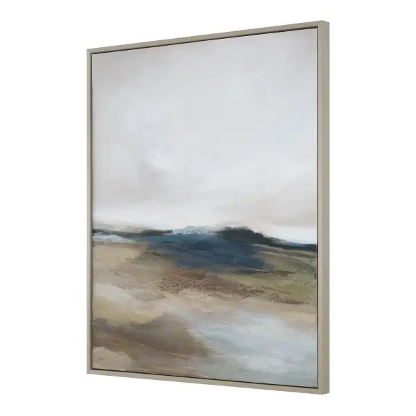 A generously scaled hand-painted landscape in muted navy, khaki, and olive tones, framed in a light oak floating frame. Handcrafted texture and organic palette suit rustic and farmhouse interiors.