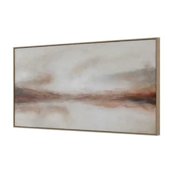 An atmospheric abstract landscape in creamy whites and warm russet tones, framed in a simple Light Oak finish. Each piece is hand-painted, giving it unique character.