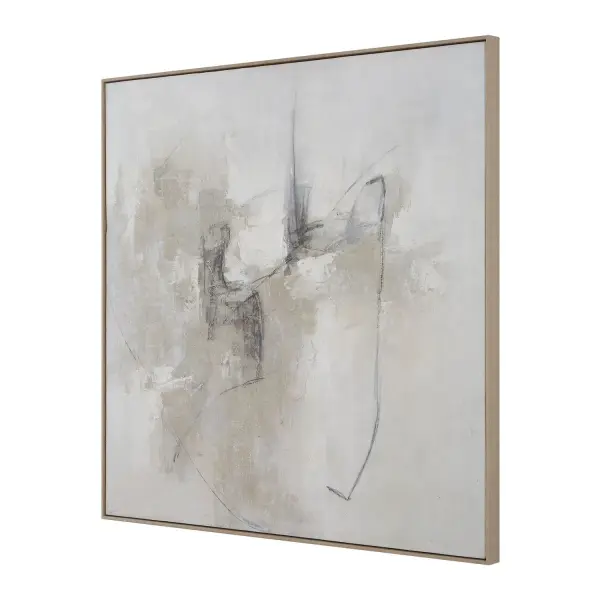 A large hand-painted abstract canvas in warm ivory, taupe, and charcoal tones, framed in natural pine. Versatile orientation makes it easy to fit into many wall spaces.