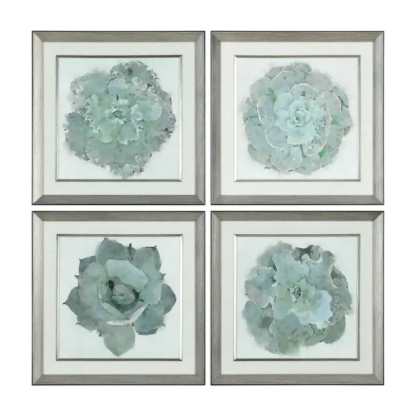 Printed succulent artwork in green and gray tones, framed in silver leaf with a gray wash finish under protective glass. A subtle, nature-inspired accent for walls.