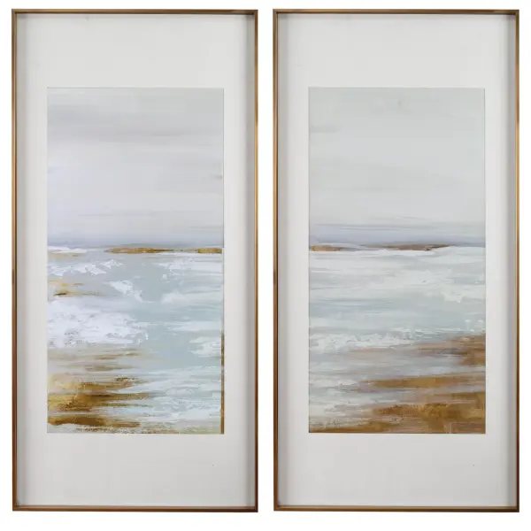 An abstract waterfront scene in soft blues and grays with rust and gold accents, framed in brushed gold under glass with a large white mat.