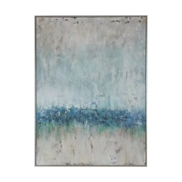 A heavily textured, hand-painted canvas capturing coastal wave tones in a petite silver leaf frame. Each piece is unique due to its handcrafted nature.