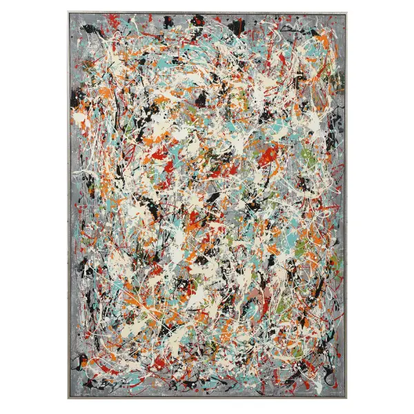 A large, hand-painted canvas inspired by Pollock's abstract style, framed in sleek silver leaf. A striking focal point for living rooms, offices, or lobbies.