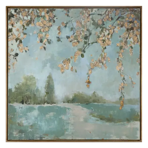 A tranquil hand painted nature scene in soothing blues, greens, and grays, accented with gold leaf and framed in an elegant gold-toned frame.