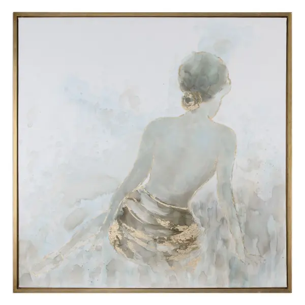 A large-scale hand-painted canvas featuring gray, bronze, and powder blue tones with gold leaf highlights and a coordinating gold leaf frame. Elegant statement piece for sophisticated interiors.