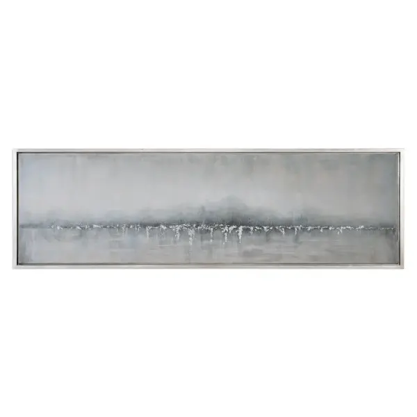 A tall, hand-painted abstract canvas in soft coastal tones, framed in silver leaf. Each piece is one-of-a-kind, adding artisanal texture to living spaces and lobbies.