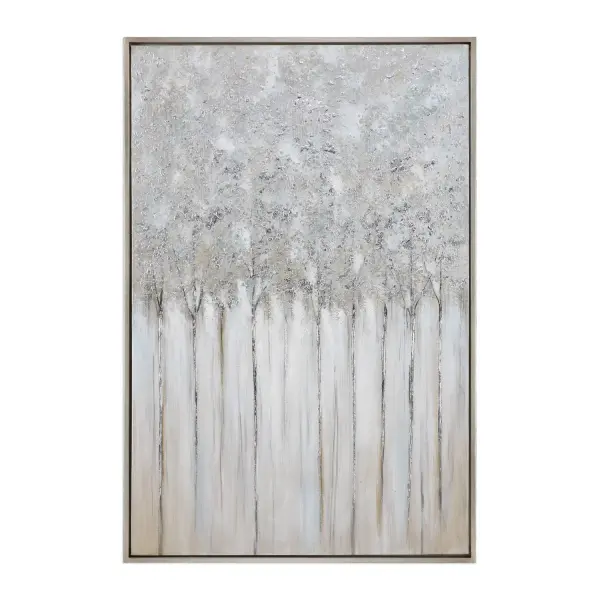 Heavily textured hand-painted landscape canvas in a champagne silver gallery frame, blending gray, charcoal, and beige tones for a calm, transitional statement piece.