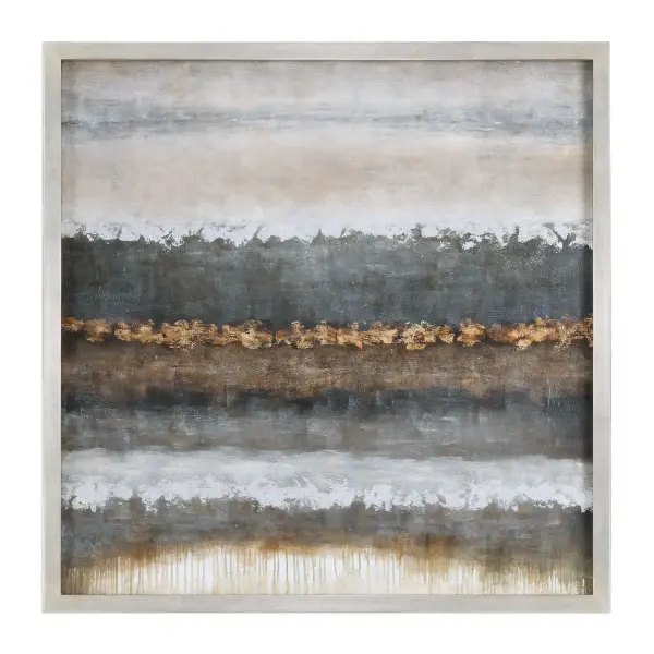 A large-scale hand-painted canvas with layered metallic neutrals and gold leaf accents, framed in champagne silver for a masculine, industrial look.