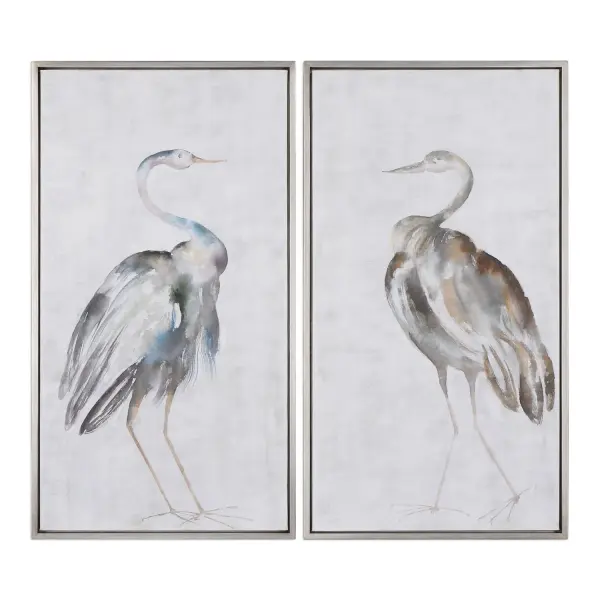A watercolor-style hand painted canvas with a soft coastal palette and champagne silver frame, bringing understated seaside elegance to transitional interiors.
