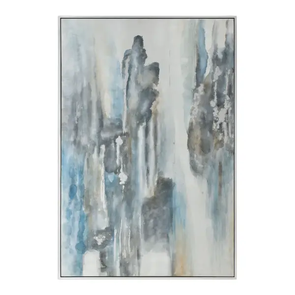 A large-scale, hand-painted abstract canvas in muted blues, grays, and charcoal, framed in a slim silver leaf gallery frame. Versatile hanging orientation adds flexibility.