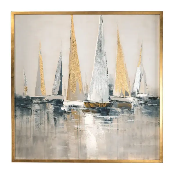 A large-scale, hand-painted canvas depicting sailboats in navy, charcoal, and gray, accented by silver and gold leaf detailing and framed in a petite gold leaf frame.