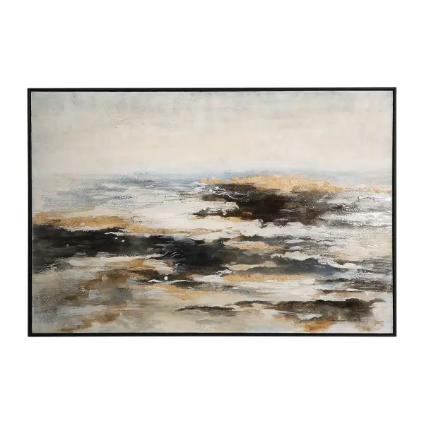 A large-scale hand-painted canvas featuring charcoal, gray, and beige tones accented with cobalt blue and gold leaf, framed in a slim black gallery frame.