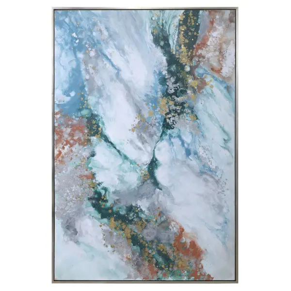 A large-scale hand-painted abstract canvas in white, teal, burnt orange, and gold leaf, framed in a sleek silver gallery frame. Versatile hanging orientation adds design flexibility.