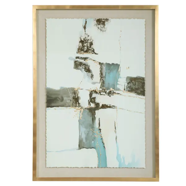 A sophisticated hand-painted watercolor on parchment with gold leaf detailing, framed in a light gold shadow box. Versatile hanging orientation adds designer flexibility.