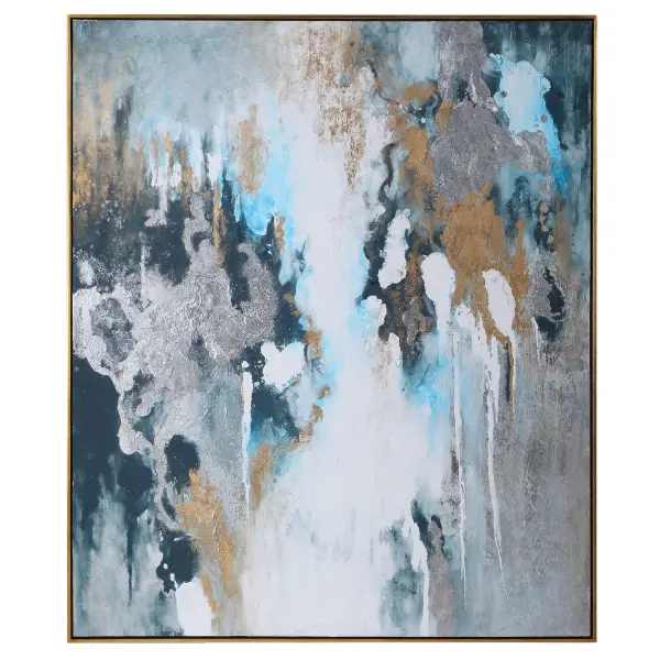A large hand-painted canvas with dramatic brushstrokes in dark teal and light blue, framed in a gold leaf gallery frame. Versatile orientation adds striking impact to any wall.