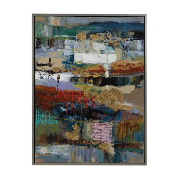 A bold, hand-painted abstract canvas in a warm multi-color palette, finished with an antiqued silver leaf gallery frame. Each piece is unique.