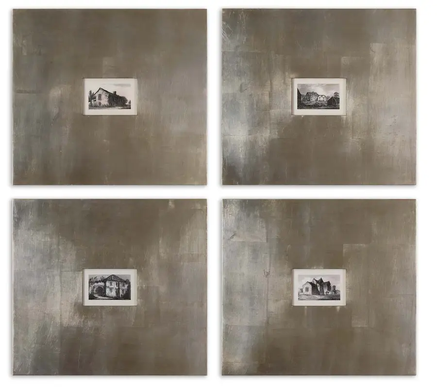 Historical Buildings Wall Art in Champagne Silver Leaf and Light Brown Glaze