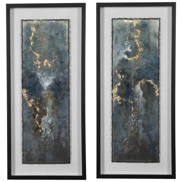 A hand-painted metal wall panel evoking natural gemstone patterns, framed in black shadow-box style under glass. Adds artisanal texture to any wall.