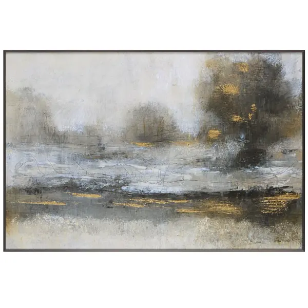 This large framed print pairs a misty neutral-toned landscape with hand-embellished gold leaf and a petite brushed pewter frame, adding depth and dimension to walls.
