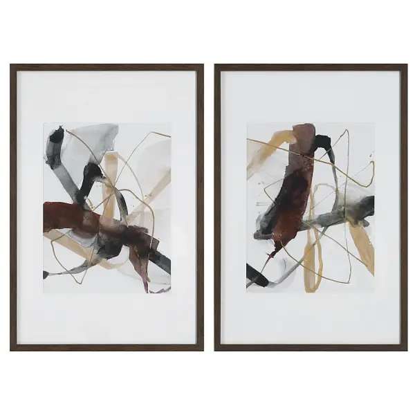 A set of two abstract art prints in neutral grays, black, and chestnut tones, framed in dark walnut with white mats under glass. Simple, adaptable wall decor.