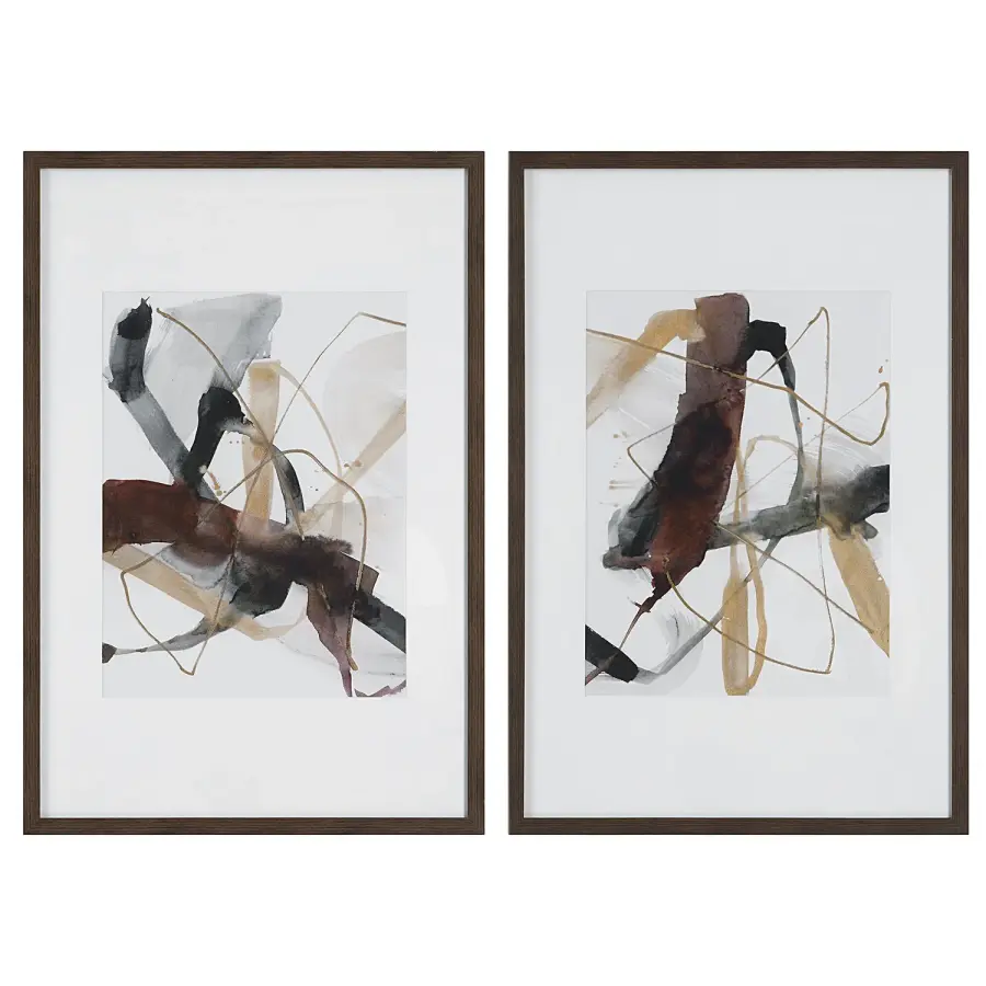 Burgundy Interjection Prints, Set of 2 in Dark Walnut Frame