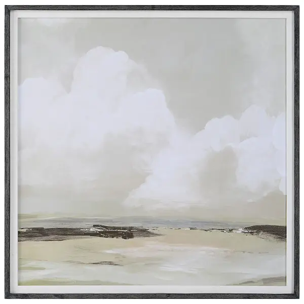 A calming, soft-palette landscape print by PI Studio, framed in pine with a dark espresso stain, linen liner, and rich wood grain texture.
