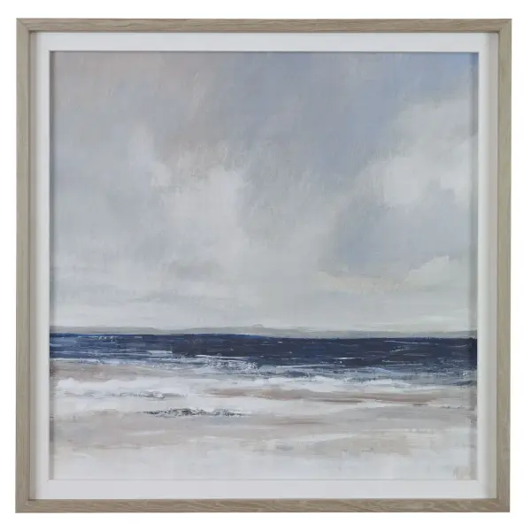 This framed coastal print blends a soft gray, taupe, and cobalt palette with a natural linen liner and pine wood frame for a relaxed, transitional look.