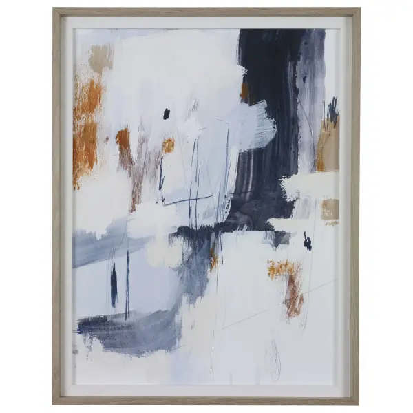 A modern abstract print in navy, light blue and rust tones, framed in natural pine with a light white wash and clean linen liner. Versatile four-way hanging orientation.